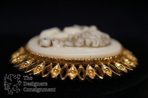 Brass Cameo Medallion Brooch Pin Bust Head Portrait Sunburst Starburst Edge - Picture 11 of 12