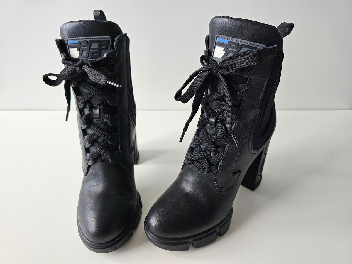 Prada Black Leather Neoprene Moto Combat Platform Ankle Prada Black Leather Neoprene Moto Combat Platform Ankle