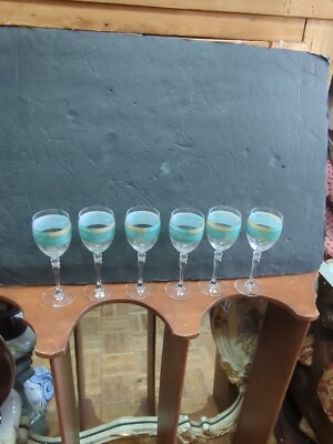Vintage Cortina 90s France Green Set Of Gold Trim Wine Glass Glasses Set 6