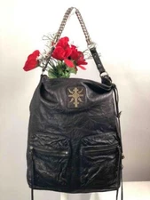 THOMAS WYLDE Studded Suncross Skull Mission Shoulder Bag in Black Leather