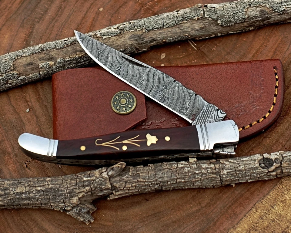 Damasco Cuchillo Plegable Hecho a Mano Cuchillo de Bolsillo Camping Cuchillo de Caza con Bolsa Foto 3 de 4