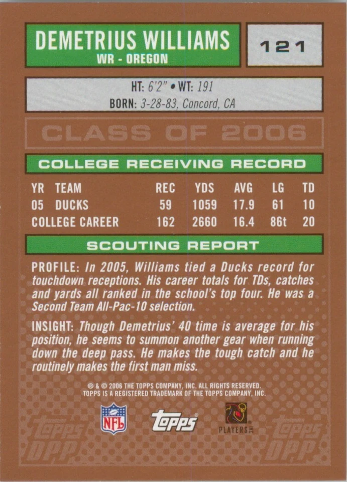 Demetrius Williams RC 2006 Topps Draft Picks And Prospects #121 Oregon Rookie - Image 2 of 2