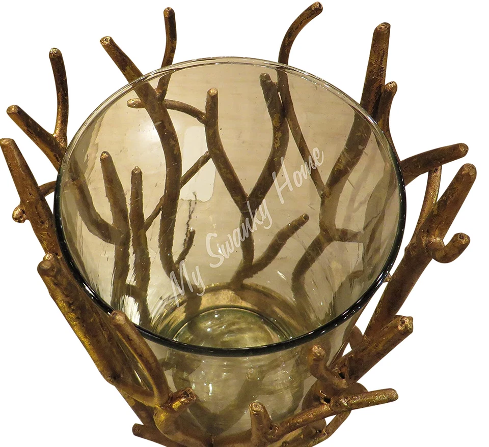 Elegant Gold Twig Branch Pillar Candle Holder 8 in Tall Faux Bois Hurricane - Image 3 of 4
