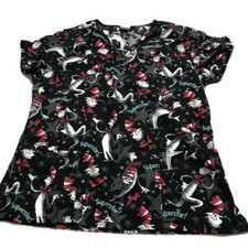 Dr Seuss Superstar Womans Scrub Top Size Medium Cat In The Hat Black Nursing