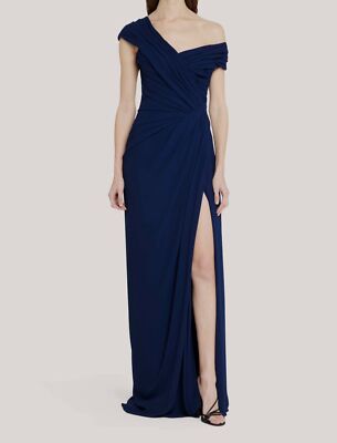 $4495 Monique Lhuillier Women's Blue Draped Off-Shoulder Gown Dress Size 6