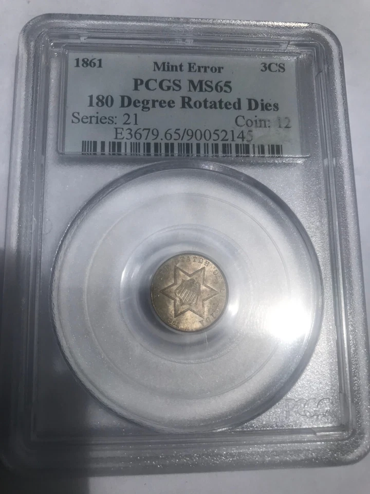 Rare USA 1861 Silver 3 C PCGS MS 65 - ERROR- medal alignment - Image 3 of 4