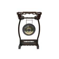 Chinese Distressed Brown Dragon Head Wood Figure Gong Display Rack ws4916