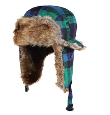 Unbranded Trapper Hat Blue/Green Plaid Trapper Hat Faux Fur Flannel Adjustable