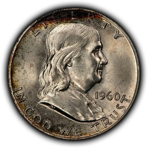 1960-D 50c Franklin Silver Half Dollar - Rainbow Rim Toning - BU - SKU-H3758