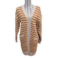 Coco + Jaimeson Chunky Knit Long Fall Cardigan Striped with Pockets Womens Med