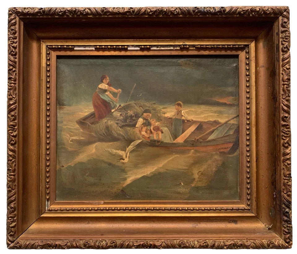 Antigua pintura al óleo sobre lienzo MADRE, NIÑOS Y ABUELA EN EL MAR EN TORMENTA 14x12 Foto 3 de 4