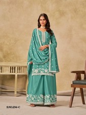 Pakistani Style Teal Blue Chinon Heavy Embroidered Palazzo Suit With Dupatta Par