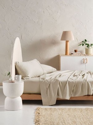 Linen House Augusta Sheet Set (Natural) - Double Double: 230cm x 254cm (1 x Flat