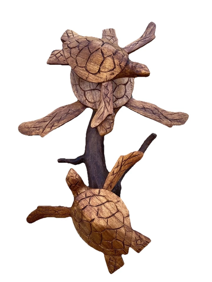 TORTUGA MARINA SOBRE BASE RAÍZ MADERA A LA DERIVA MADERA TALLADA A MANO NÁUTICA Foto 2 de 3