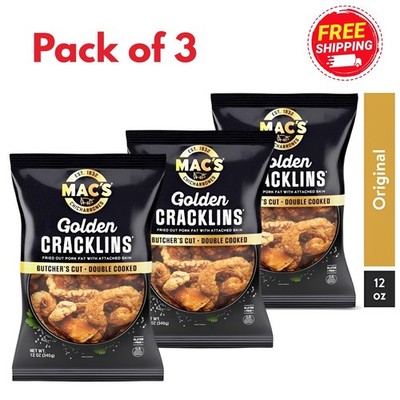 Mac's Chicharrones Golden Cracklin Curls, Fried Pork Fat with Skin, 12 oz, 3Pack