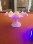 Vtg Fenton Rose Pastel Pink Hobnail Compote Dish Ruffle Milk Glass Pedestal