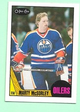 (1) MARTY MCSORLEY 1987-88 O-PEE-CHEE # 205 OILERS  ROOKIE NM  CARD (N3636). rookie card picture