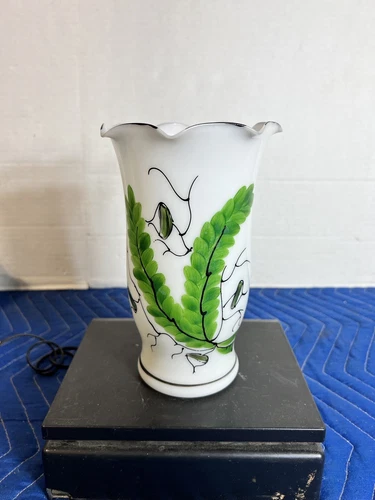 Antique 8" Hand Painted White Bristol Milk Glass Vase Fern Leaves Green