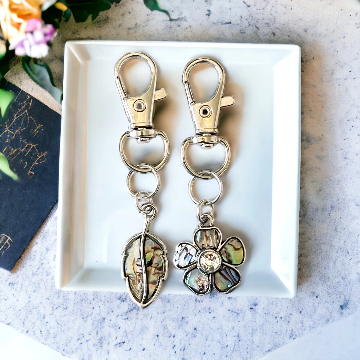 Silver Flower Leaf Zipper Pull Purse Keychain Charm Inlaid Natural Abalone Shell