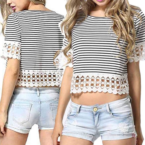 Summer Women's Short Sleeve Round Neck Hollow out Tee Stripe T-Shirt Blouse US
