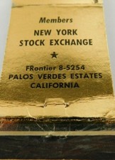 New York Stock Exchange Palos Verdes Estates California Vintage Matchbook Cover