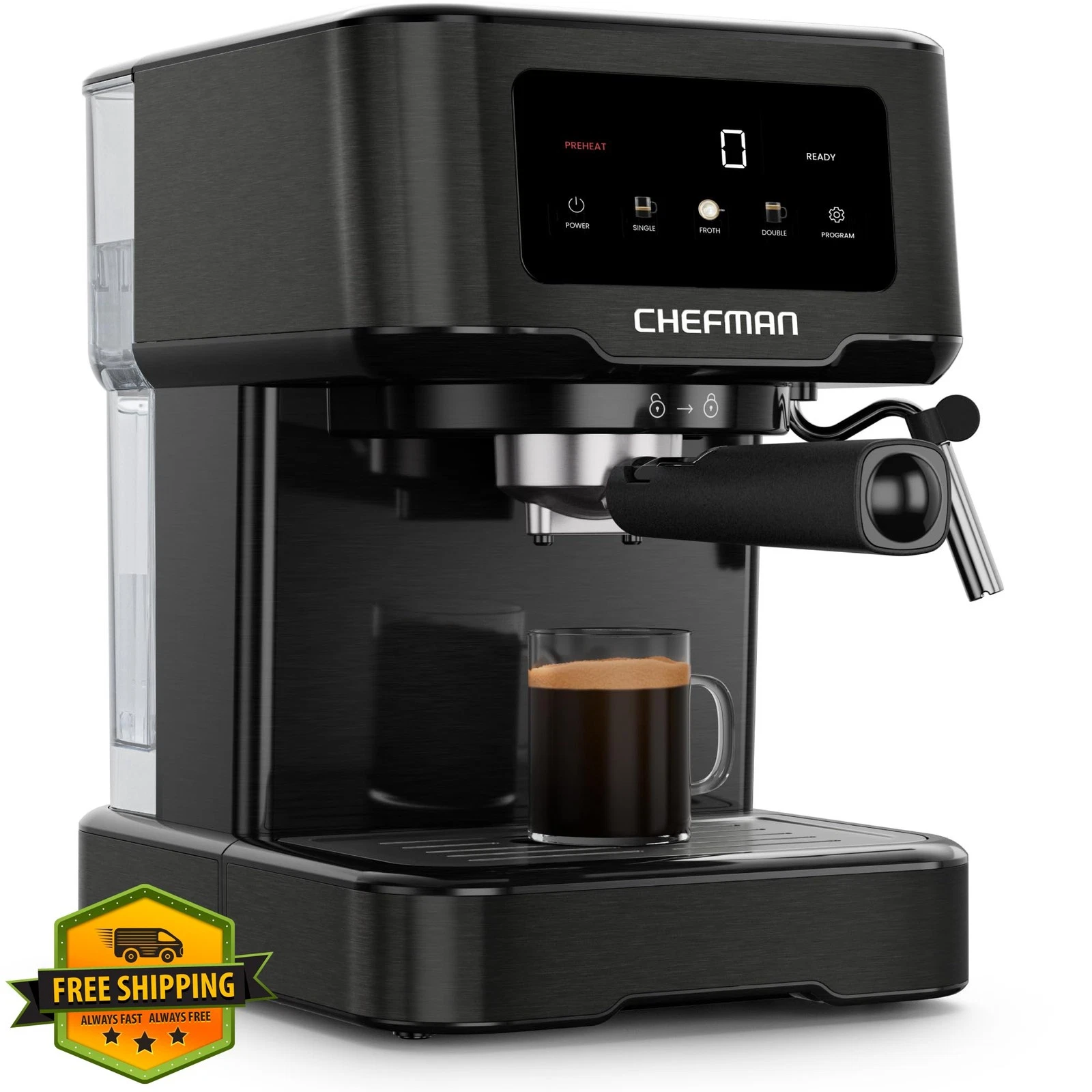 Chefman CraftBrew Espresso Machine 15-Bar Steam Wand Stainless Black