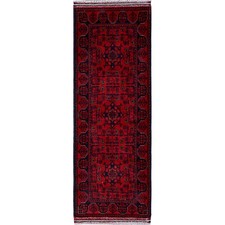 1'9"x4'9" Red Afghan Khamyab Geometric Pattern Hand Knotted Wool Runner Rug R740