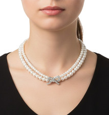 Talbots Double Pearl Necklace Crystal Bow New Fairycore Wedding Bride Whimsical