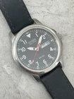 Citizen Eco Drive Military DayDate Silver Black 38mm Leather Strap Solar Vintage