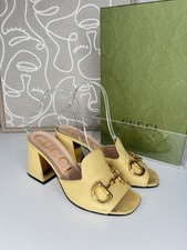 Gucci Nappa Charlotte Horsebit block heel slide sandals in a light yellow uk4,5