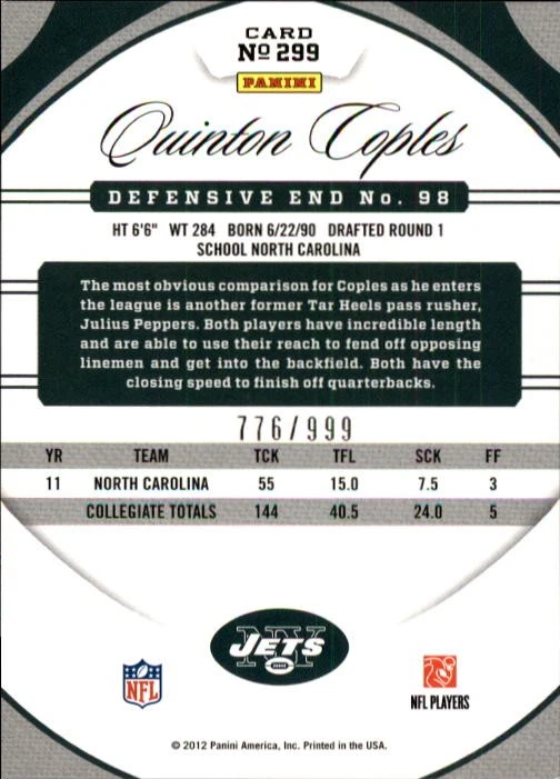 2012 Certified #299 Quinton Coples RC /999 - FB - Image 2 of 2