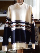 Vintage 90s Le Tigre Native Pattern Sweater XL White Navy Made in USA Tiger Logo