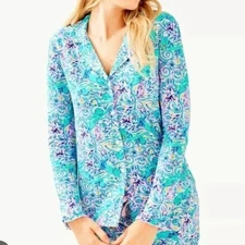Lilly Pulitzer Sea monkey Pajama Top Long Sleeve Button Up Print Size Medium