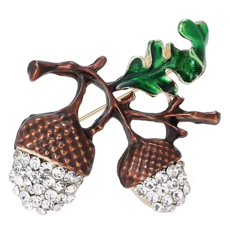 Vintage Rhinestone Acorn Brooch – Gold Autumn Leaf Pin, Fall Nature Jewelry Gift - Image 3 of 4