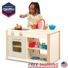 Wooden Kitchen Cafe Playset W/ Cooking Utensils Food Chalkboard Kids 2 Years New