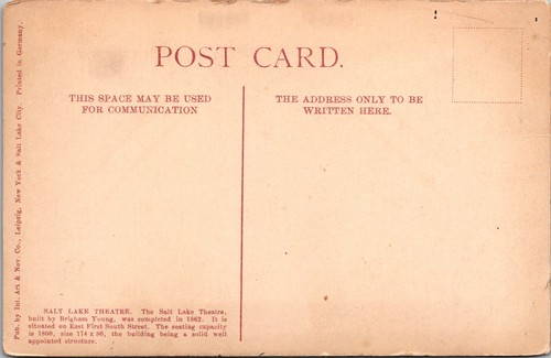 UTAH - SALT LAKE THEATRE - OLD POSTCARD - Picture 2 of 2