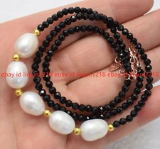 Natural 3mm Faceted Black Spinel 7-8mm White Baroque Pearl Necklace 18''