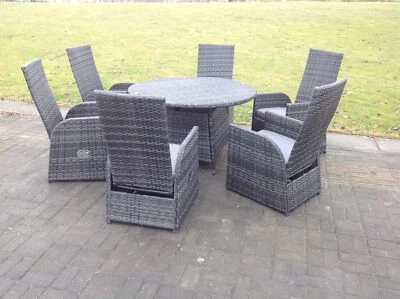 Fimous Dark Grey Mix Reclining Rattan Garden Furniture Sets Dining Table Chair