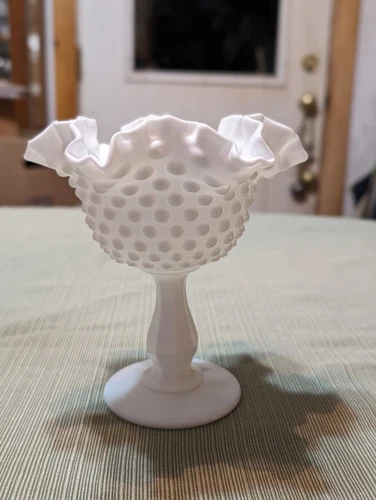 Vintage Fenton Hobnail Milk Glass Footed Compote Candy Dish Ruffled/Crimped Edge