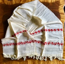 Large Beige Cotton Scarf Embroidered With Red Geometrical Design