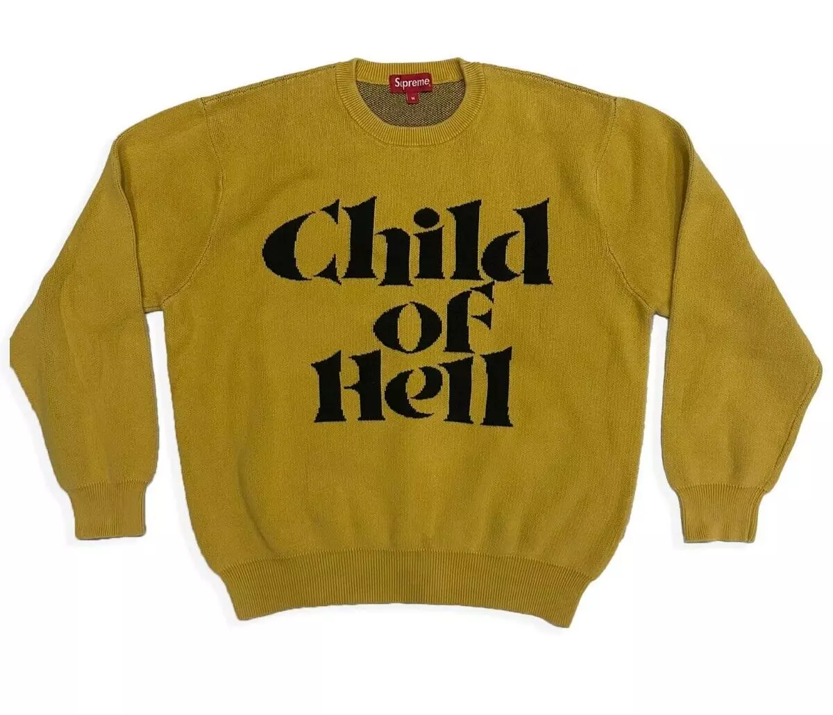 Pull tricoté jaune Supreme Child of Hell Slogan FW15   tricot jaune moyen