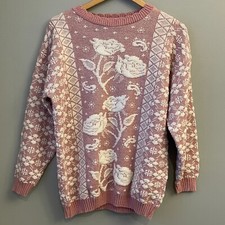 Vintage 80s Mauve Pink Rose Crewneck Knit Cottagecore Sweater Oversized Medium