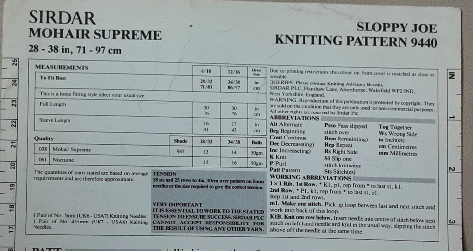 Original Sirdar Mohair Ladies Sloppy Joe Sweater 28"-38" Knitting Pattern 9440 - Image 3 of 3