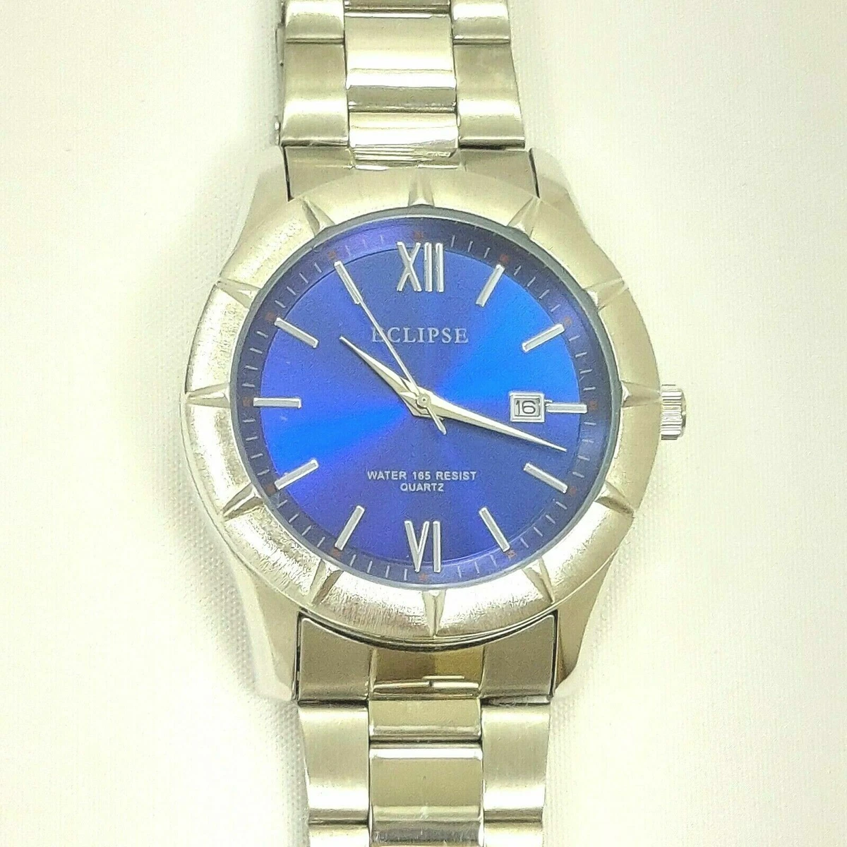 Men s Eclipse Blue Silver Stainless Steel Water 165 Resist Quartz Bracelet Watch