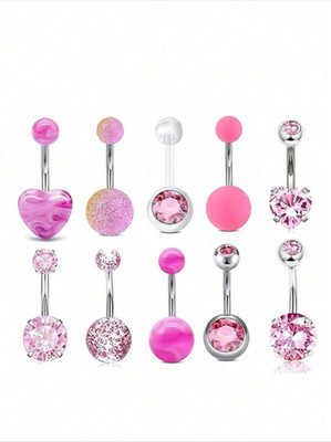 10pc Stainless Steel Belly Button Rings Set 14G CZ Heart Opal Navel Piercing Lot
