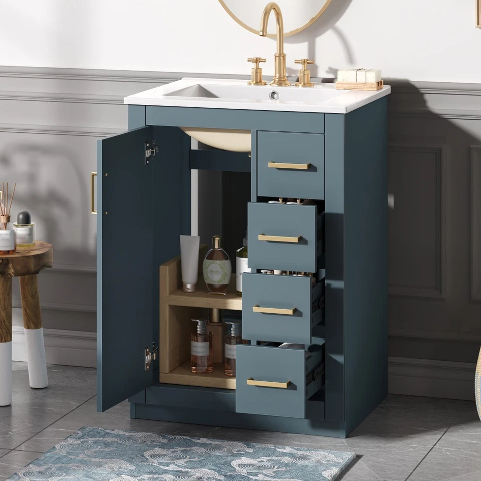 Tocador de baño 24 pulgadas fregadero de cerámica integrado 1 puerta 3 cajones Foto 4 de 4