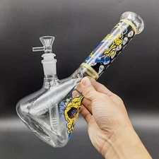 10inch Yellow Skull Glass Bong Smoking Water Pipe Graffiti Hand Pipes Hookah US