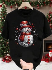 Christmas Snowman Rhinestone T-Shirt Holiday Graphic Tee Black Unisex