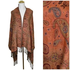 Womens Paisley Print Pashmina Scarf Shawl Wrap Fringe Orange Brown Boho Chic