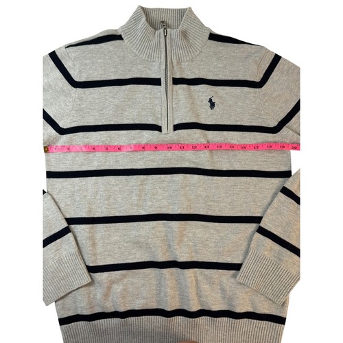 Polo Ralph Lauren Striped Quarter Zip Pullover Sweater Gray Navy Logo Boys XL - Picture 3 of 4